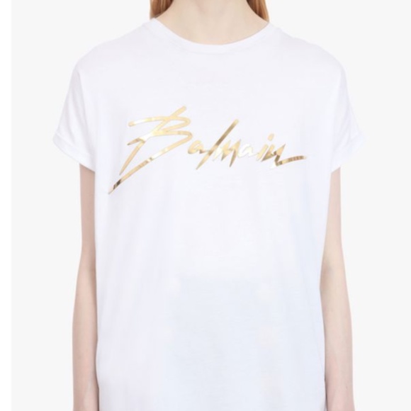Balmain- White T-shirt with signature logo in gold - Picture 1 of 8